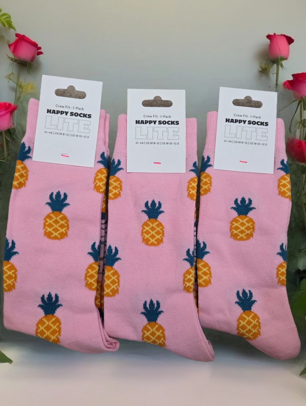 3-pack Happy Socks Lite crew pineapple us men 8-12 women 10-12.5